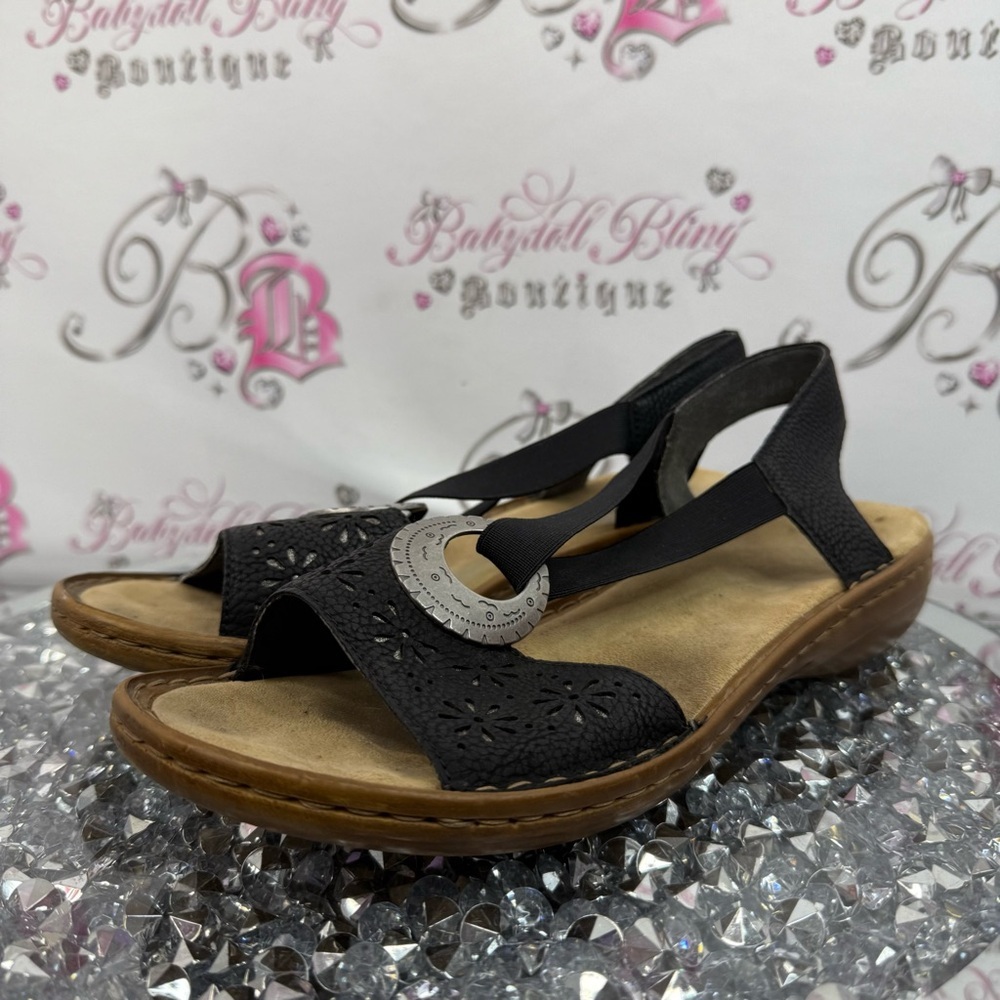 Rieker sandals floral flowers metal detail o ring Black Cutout Sandals